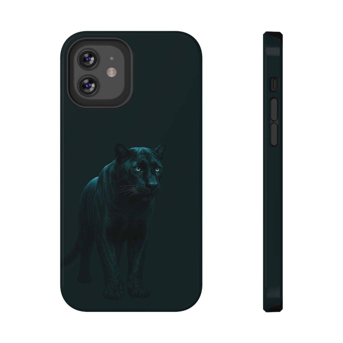Dark teal phone case with teal panther graphic, visible camera module cutout and side ports