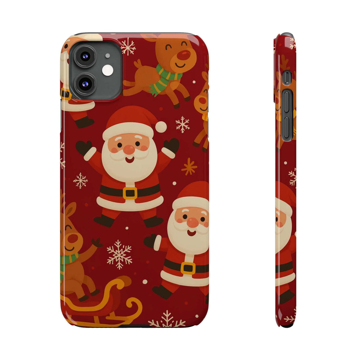 Red Santa and gingerbread iPhone case with side profile showing button openings