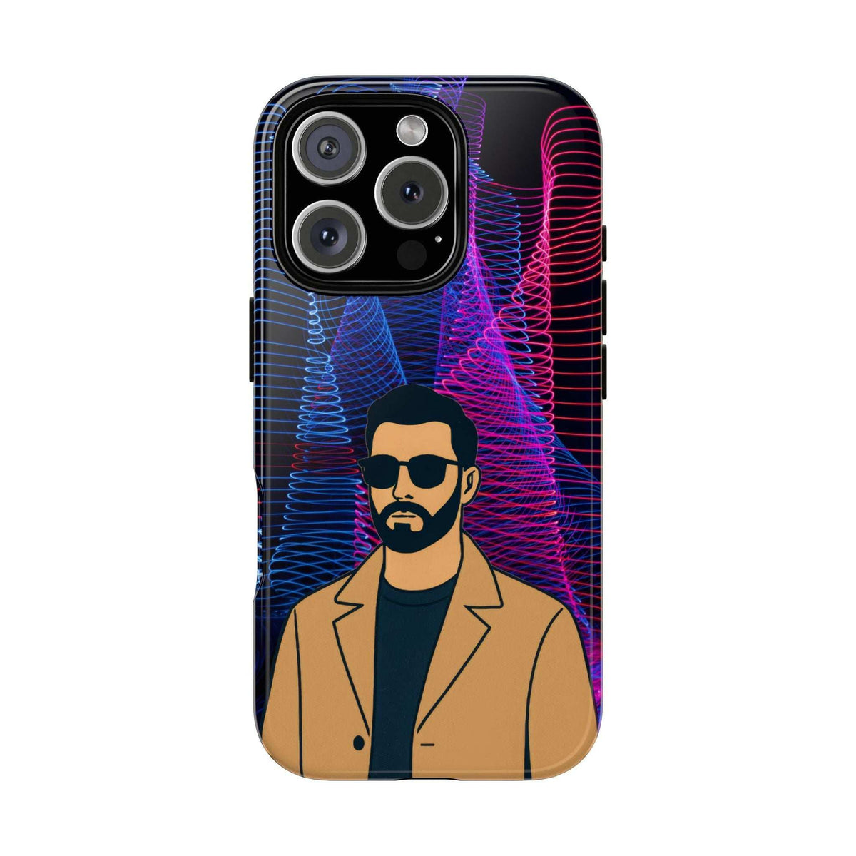 Glossy phone case showing bearded man portrait with neon blue and pink circuit lines