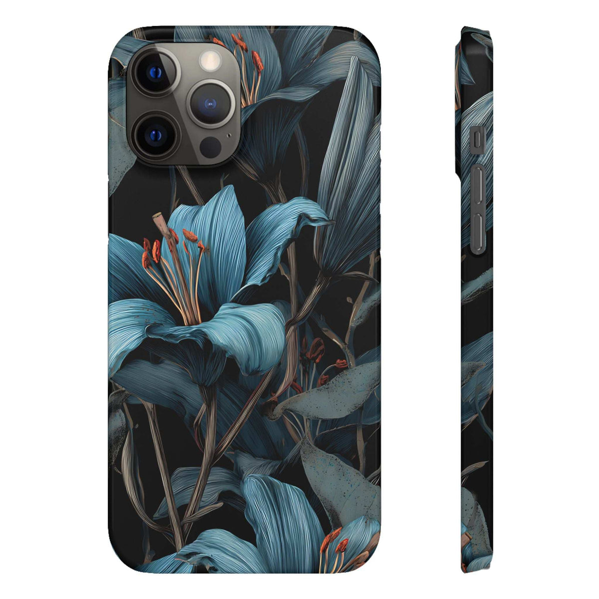 Phone case front view with blue floral leaves, dark background, and multiple camera openings