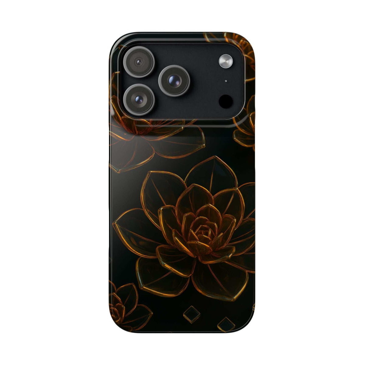 Glossy glass phone case in black with gold flower line art; back view with triple camera