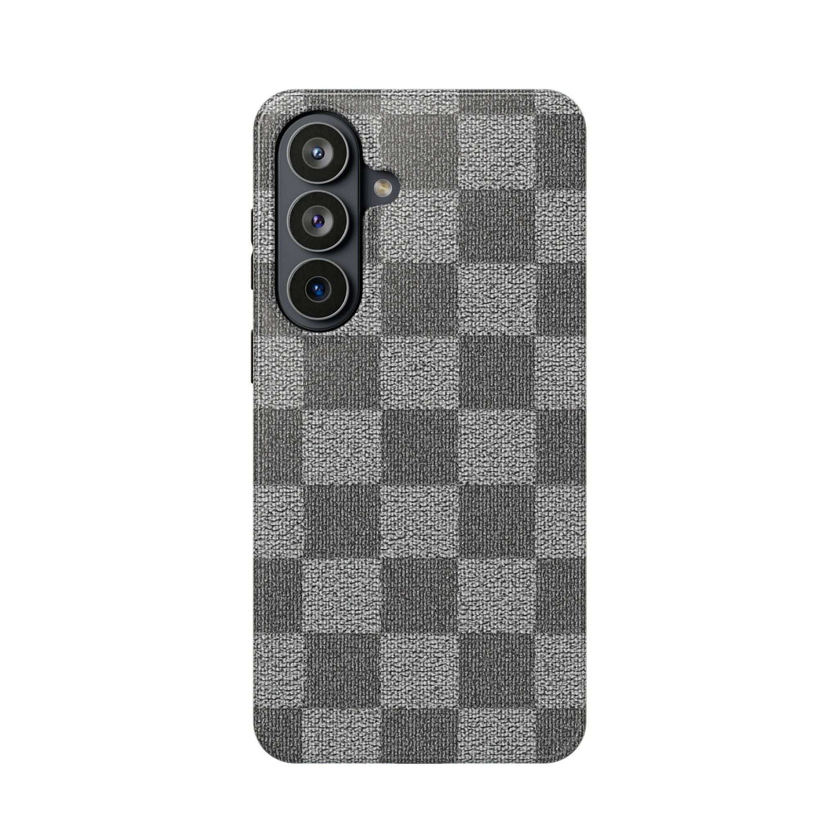 Gray checkered phone case with triple-camera cutout and side button access