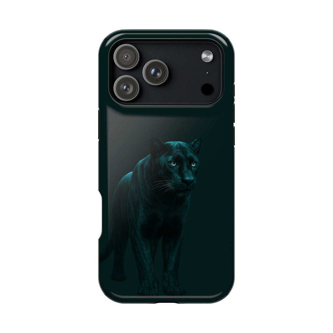 Black phone case with teal panther graphic, back view with dual camera openings