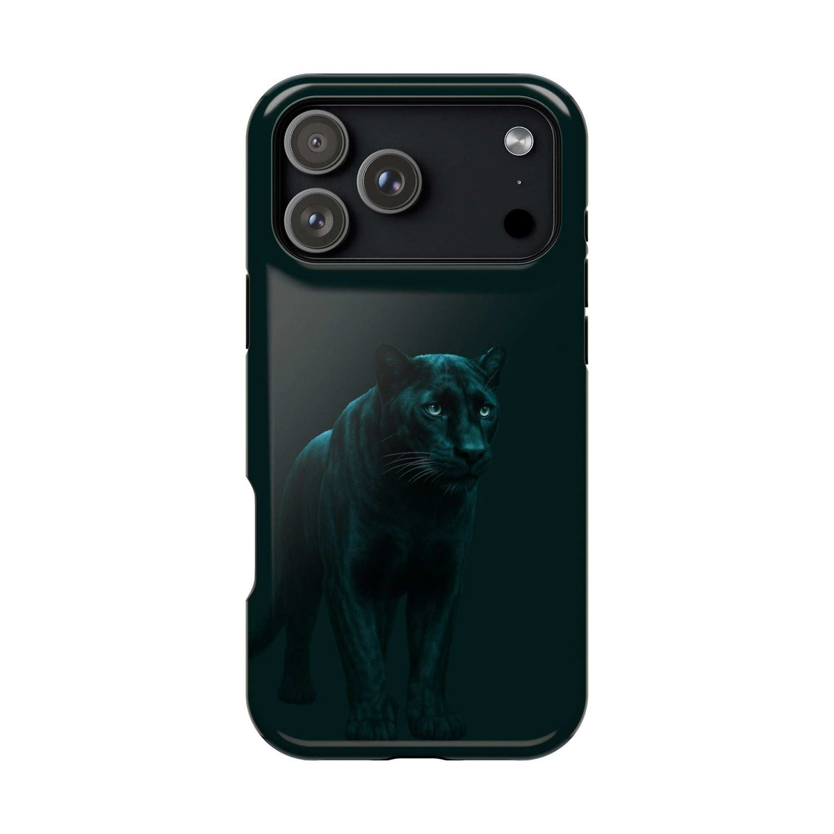Black phone case with teal panther graphic, back view with dual camera openings
