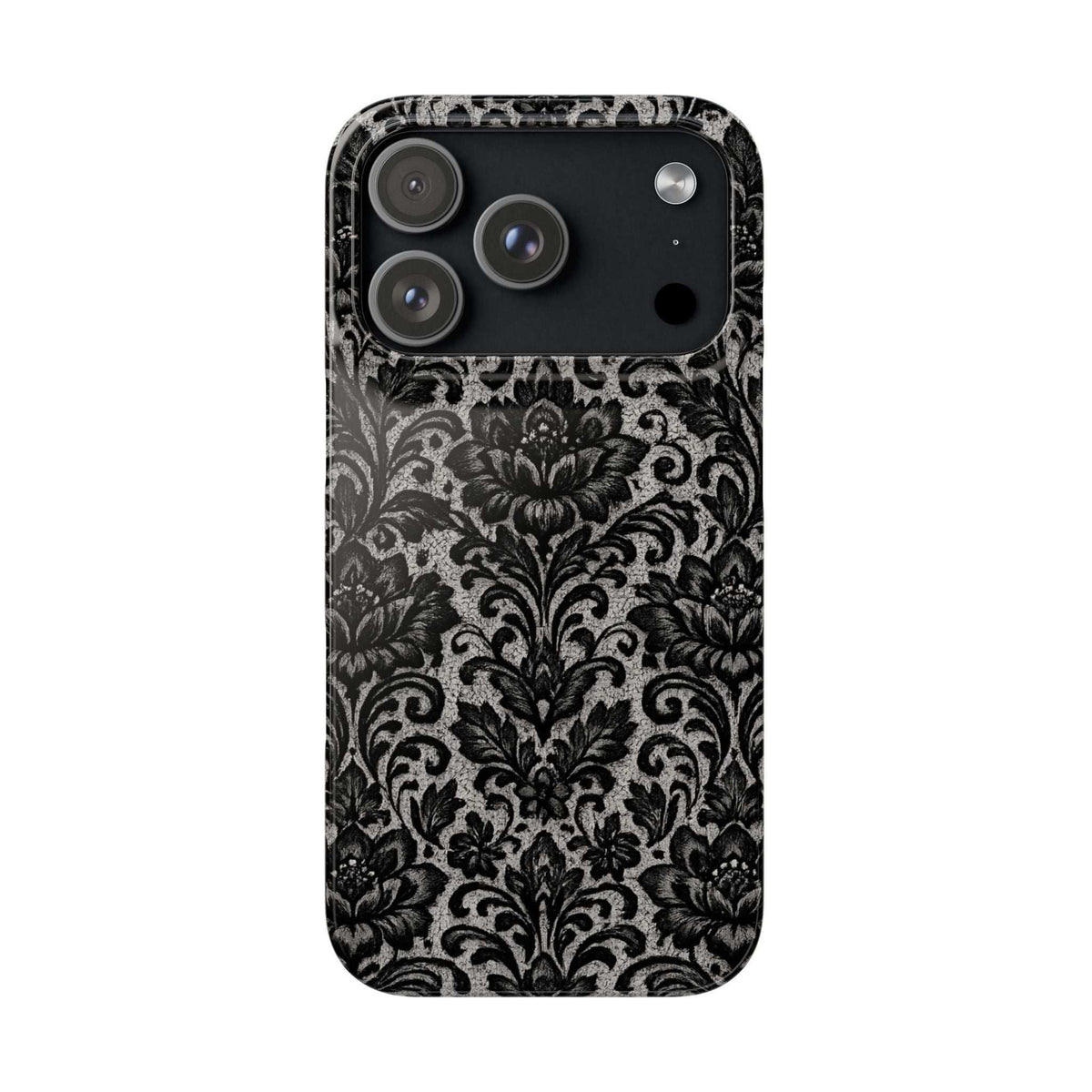Damask floral phone case, back view, dark gray/black with three lens cutouts