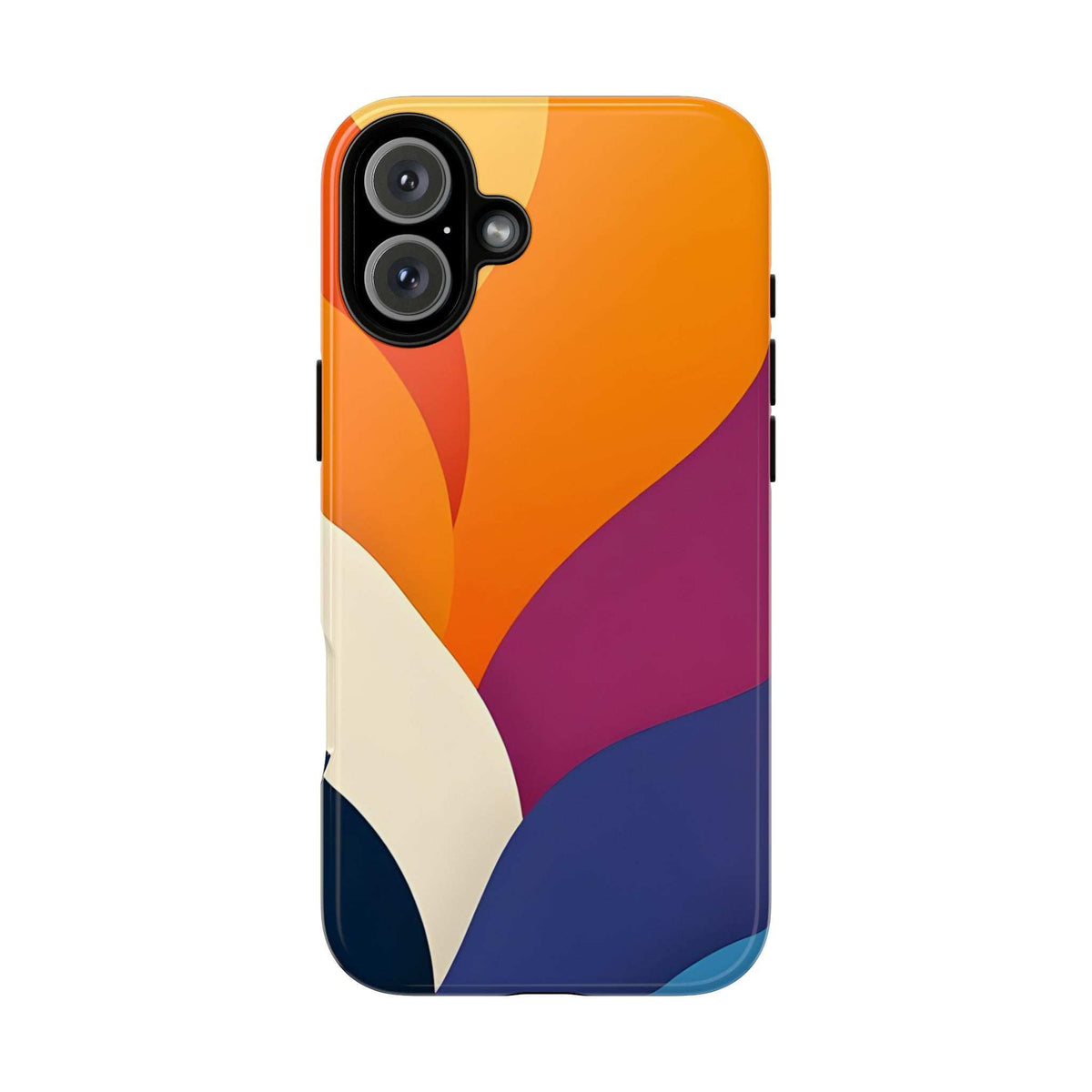 Colorful abstract phone case with orange top, magenta side, and blue bottom curve