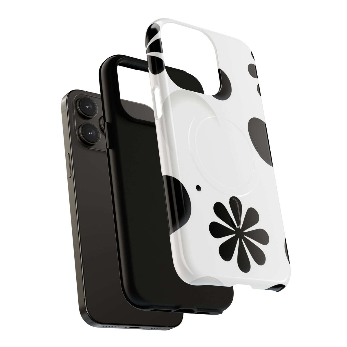 Magnetic phone case in white with black floral shapes and polka dots; camera cutout visible.