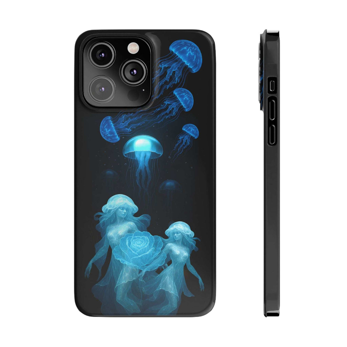Black phone case with blue jellyfish and rose print, front view and side edge.