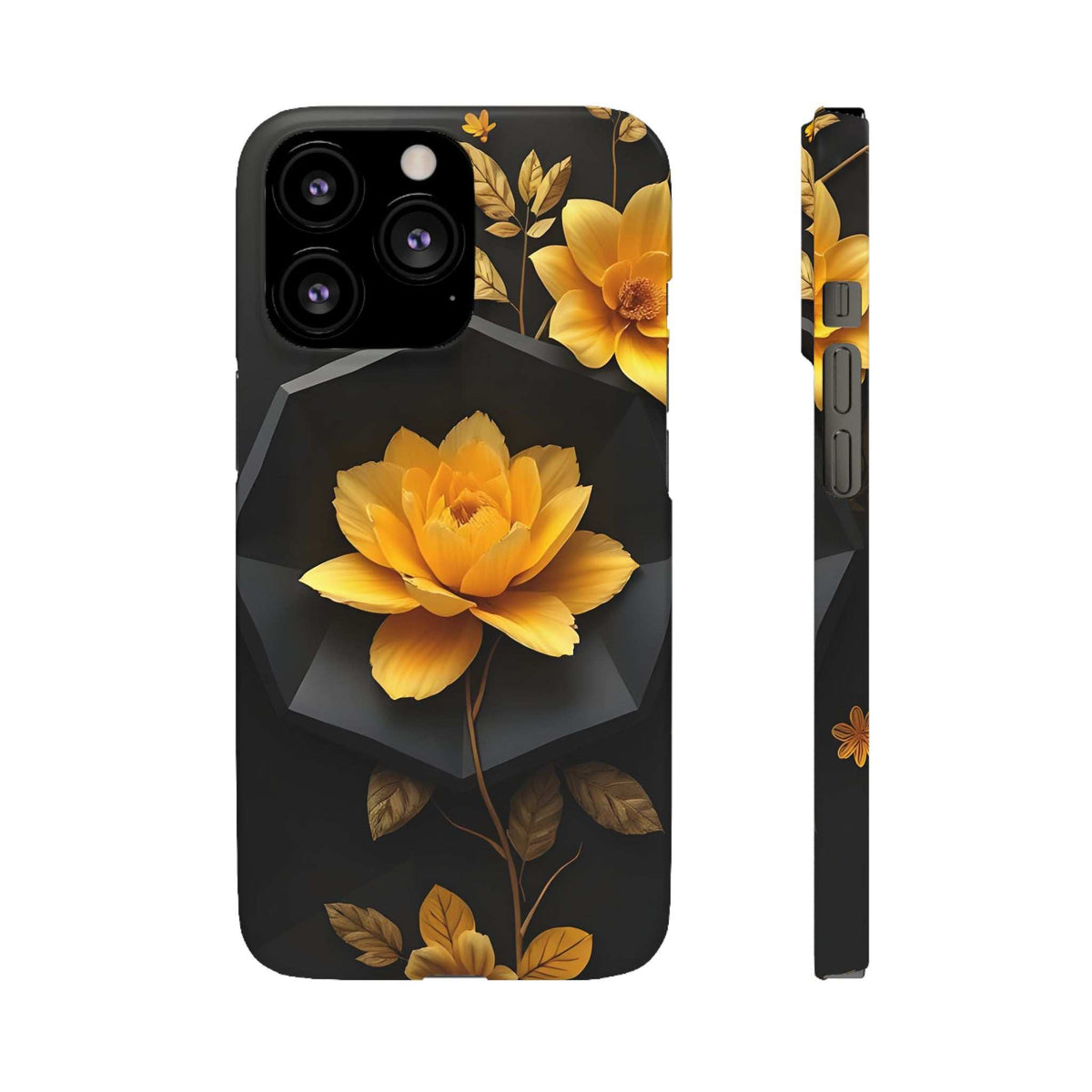 Black phone case with yellow blossoms and golden leaves, side edge and camera openings.