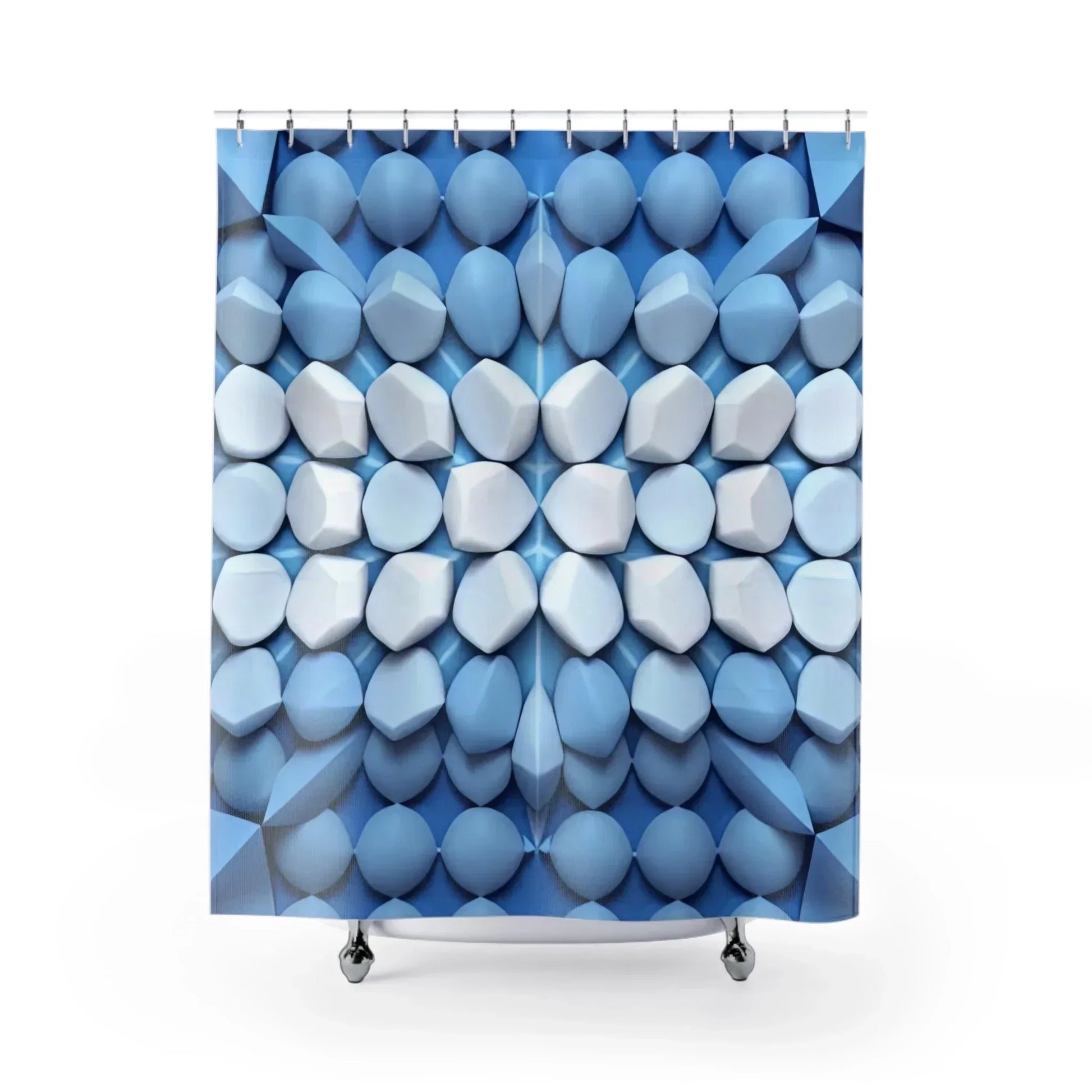 Blue & White 3D Geometric Shower Curtain – Modern Bathroom Accent - KarArmDesign