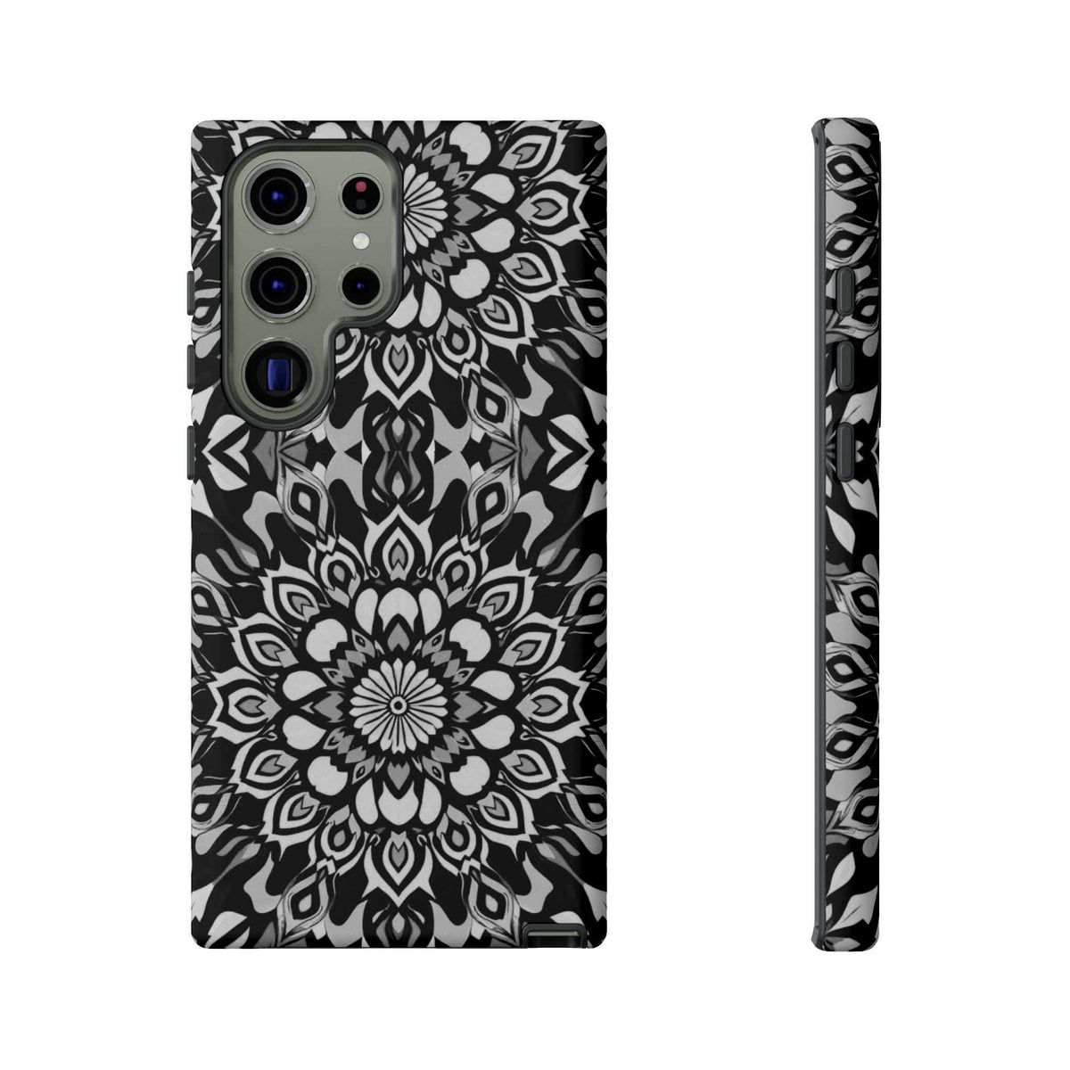 Mandala phone case with black-and-white floral mandala pattern and side edge protection