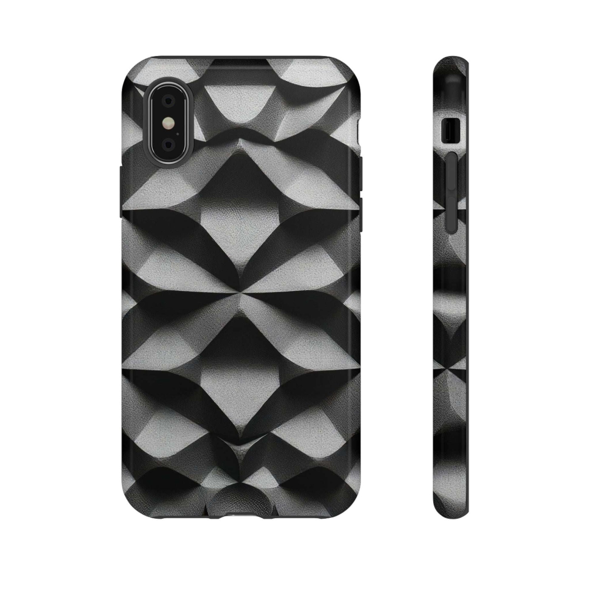 Black tough phone case with silver geometric pattern, back view and side cutout.