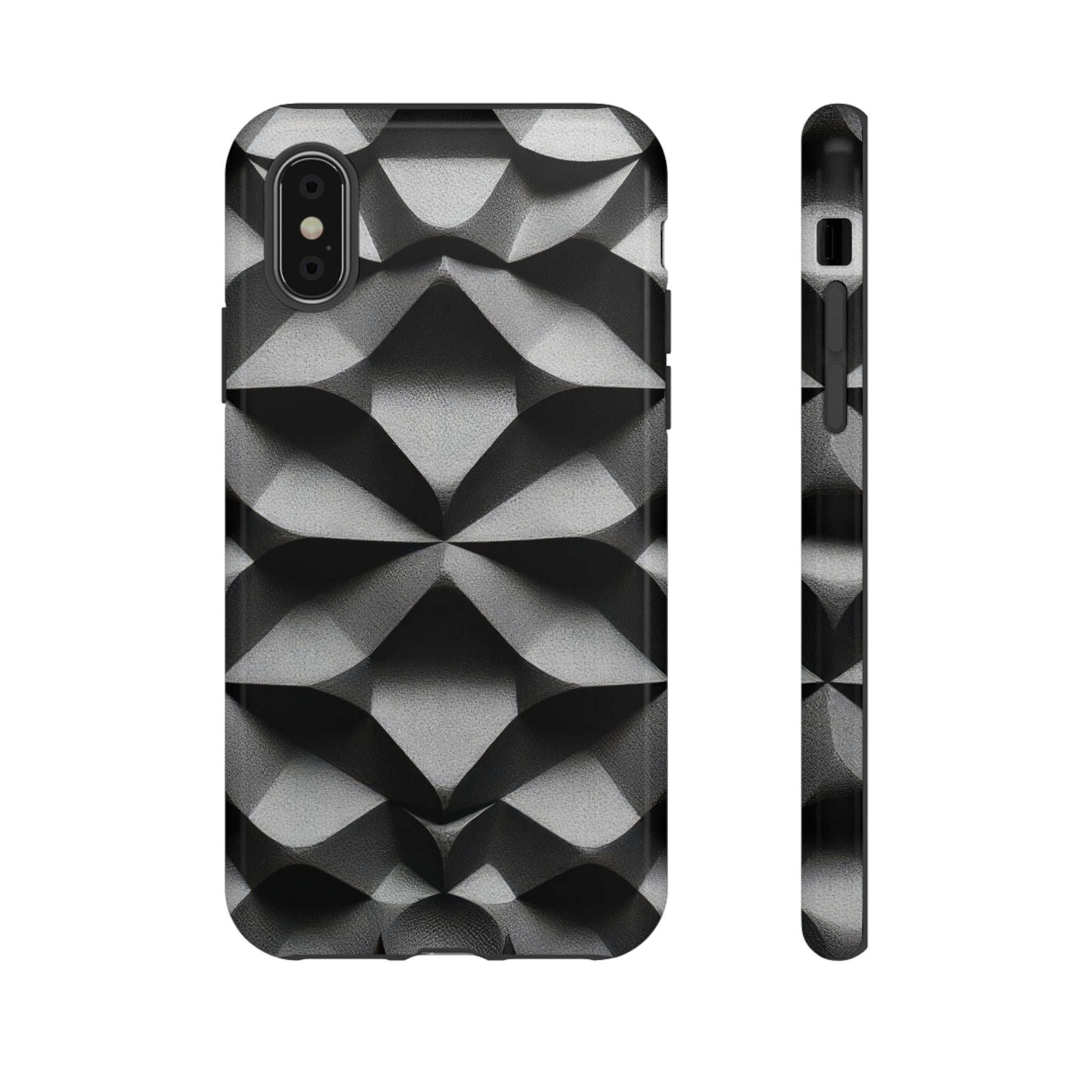 Black tough phone case with silver geometric pattern, back view and side cutout.