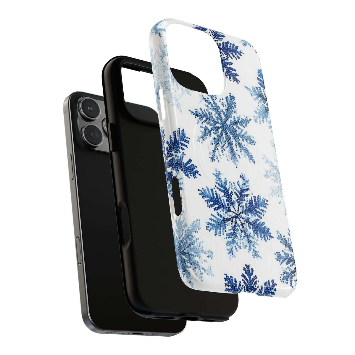 White phone case with blue snowflake artwork, slim fit, and camera cutouts