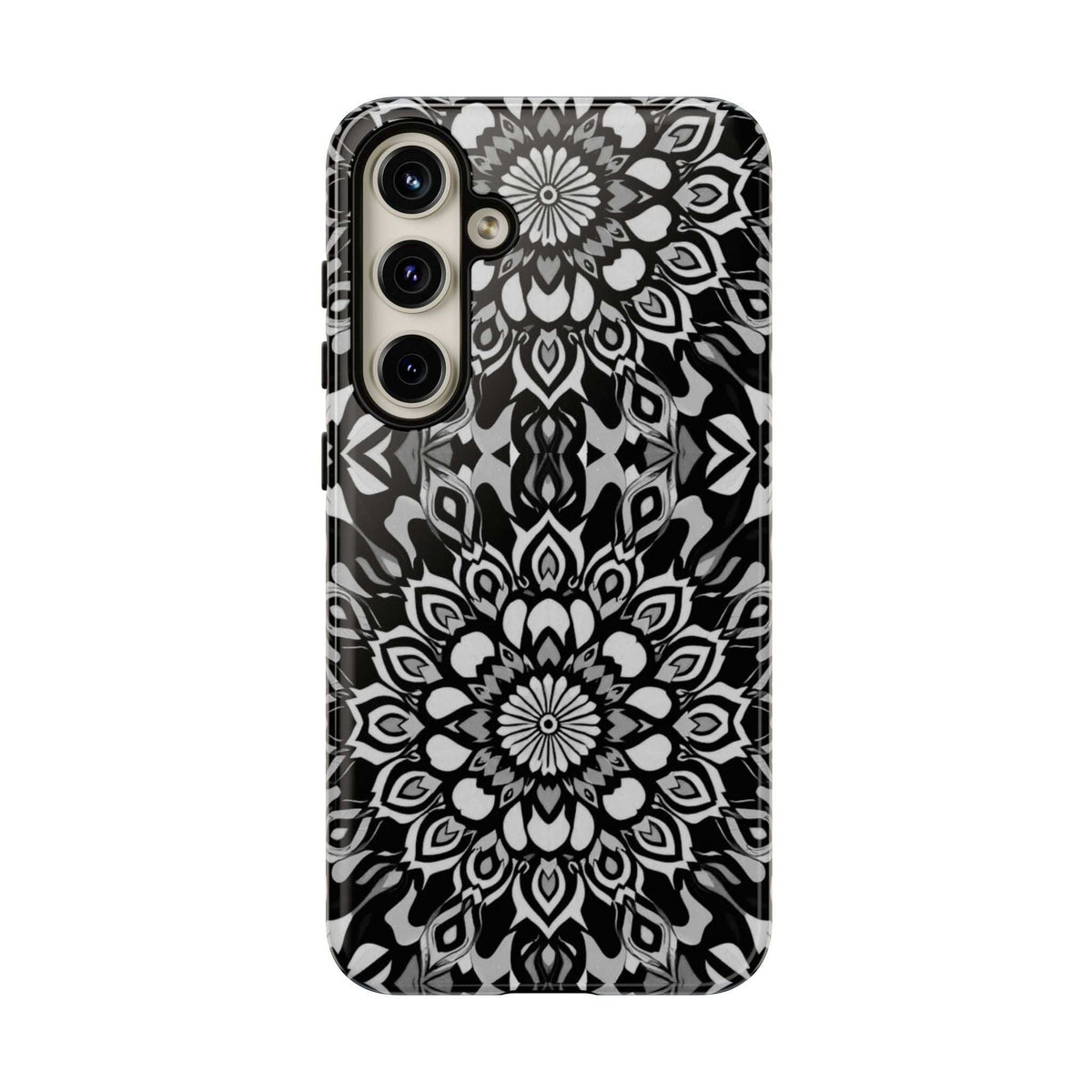 Black and white mandala phone case with side buttons and camera cutouts