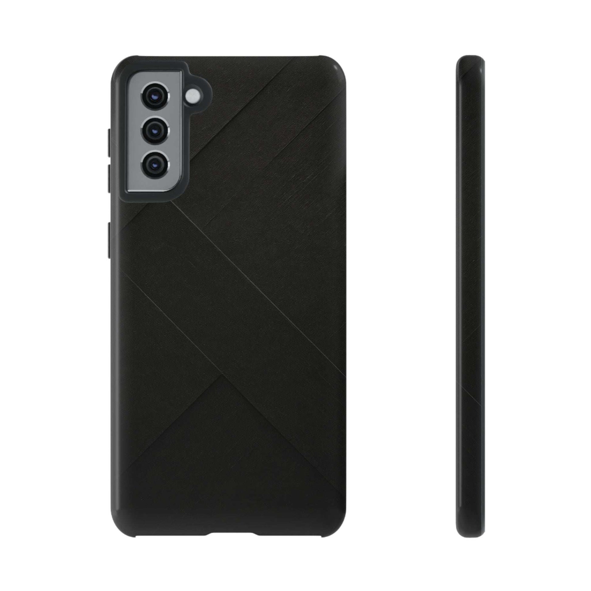 Matte black phone case with diagonal line pattern and accessible side controls