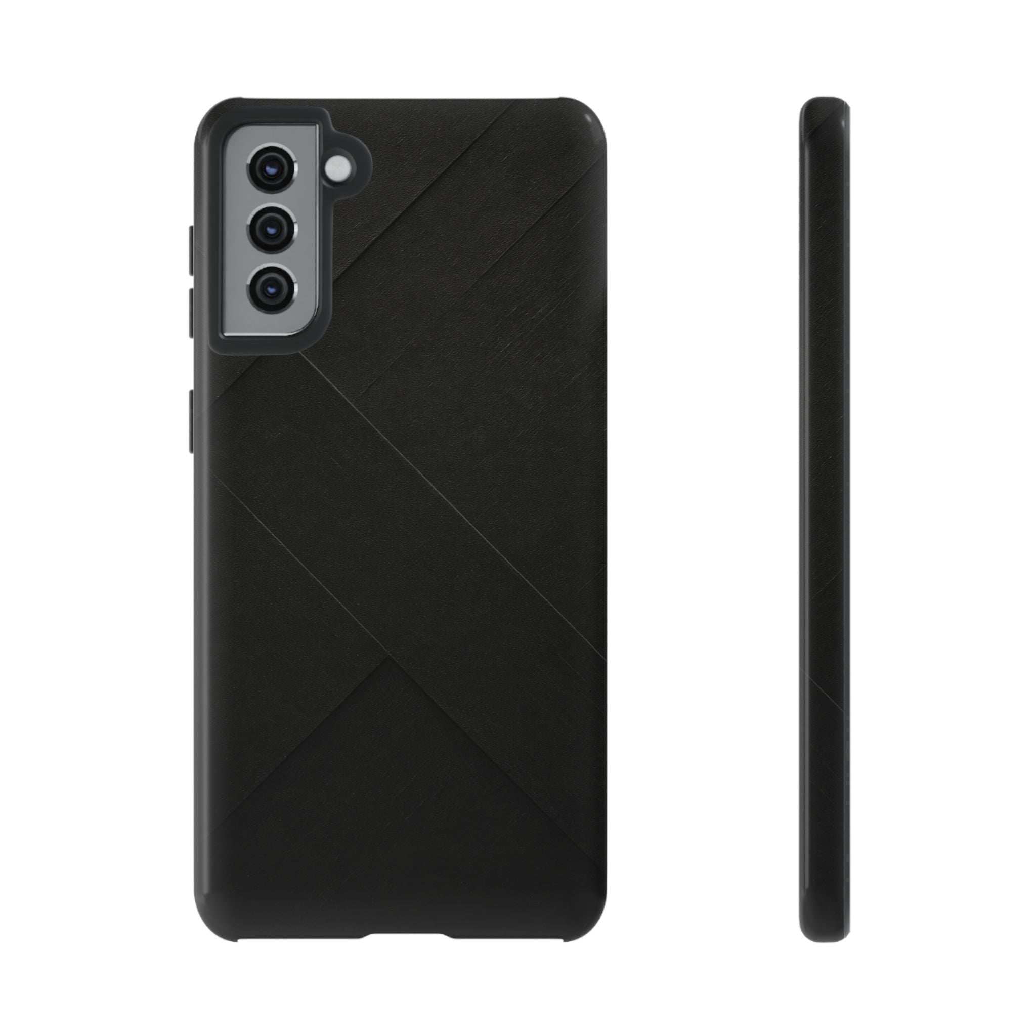 Matte black phone case with diagonal line pattern and accessible side controls