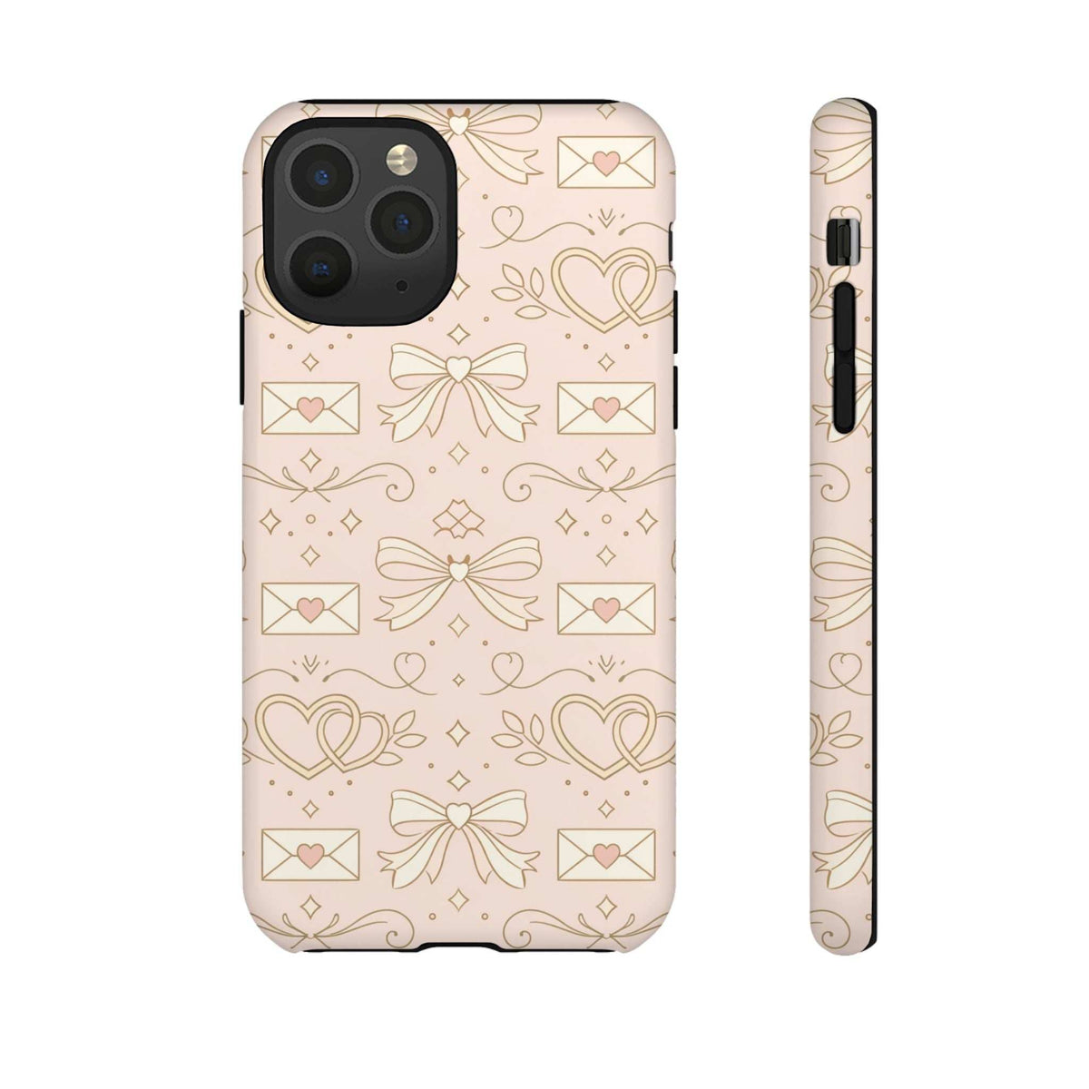 Light pink tough phone case with gold hearts and bows; front and side profile with port access