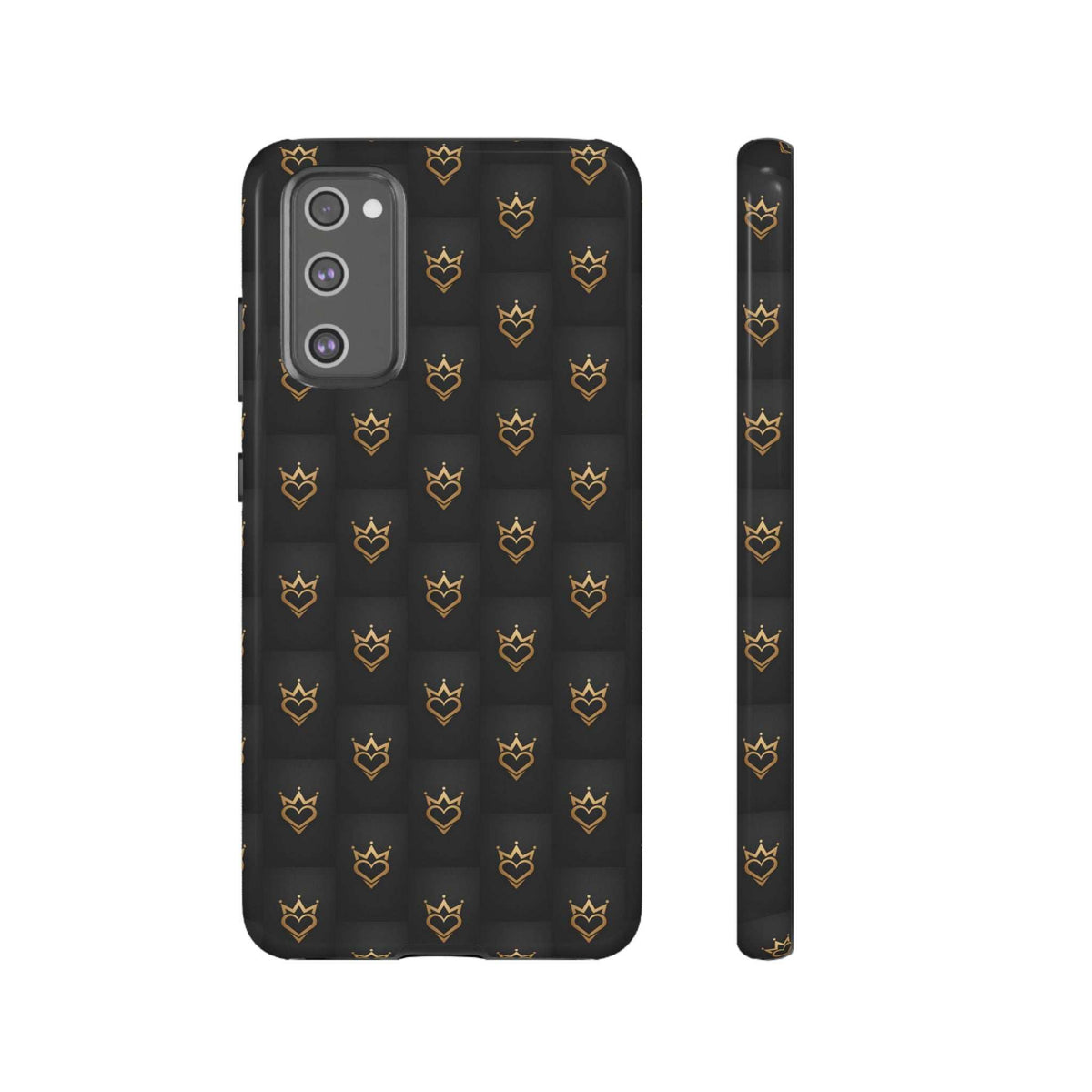 Glossy black phone case with gold crown and heart pattern, camera cutout and side buttons