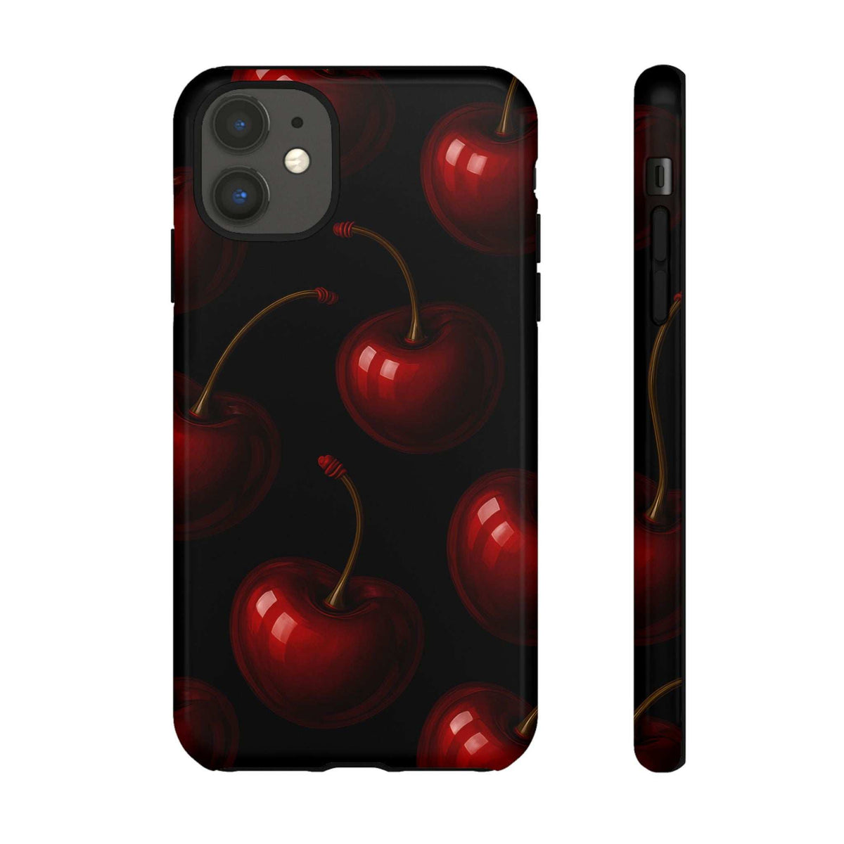 Cherry phone case with glossy red cherries on dark surface and side access openings