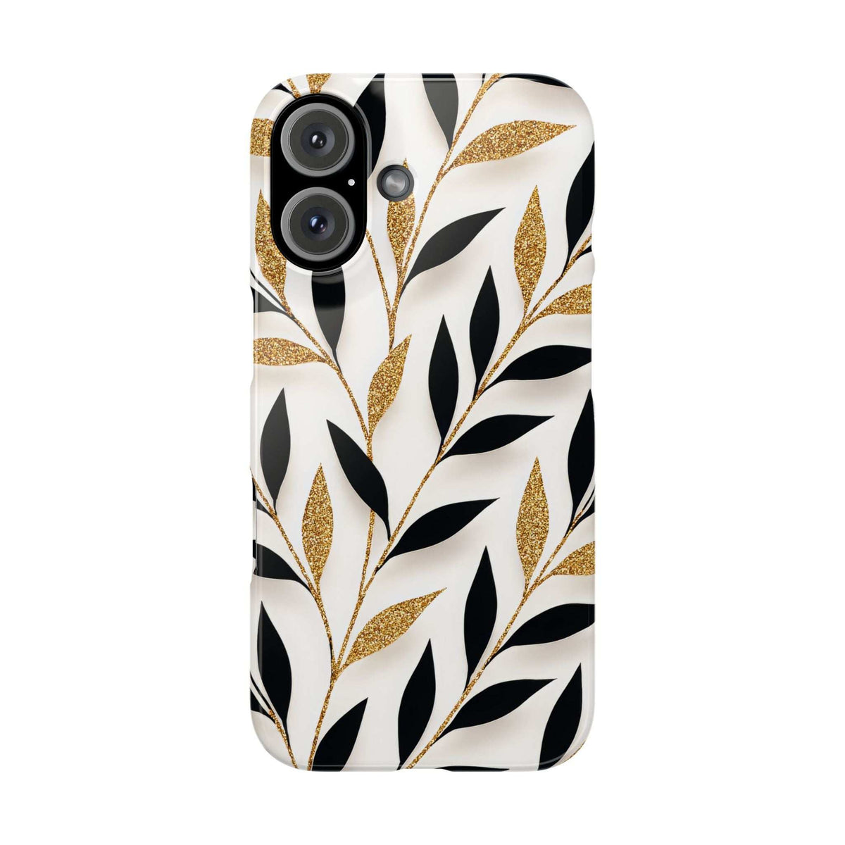Phone case side view with black leaf silhouettes and gold glitter accents on white