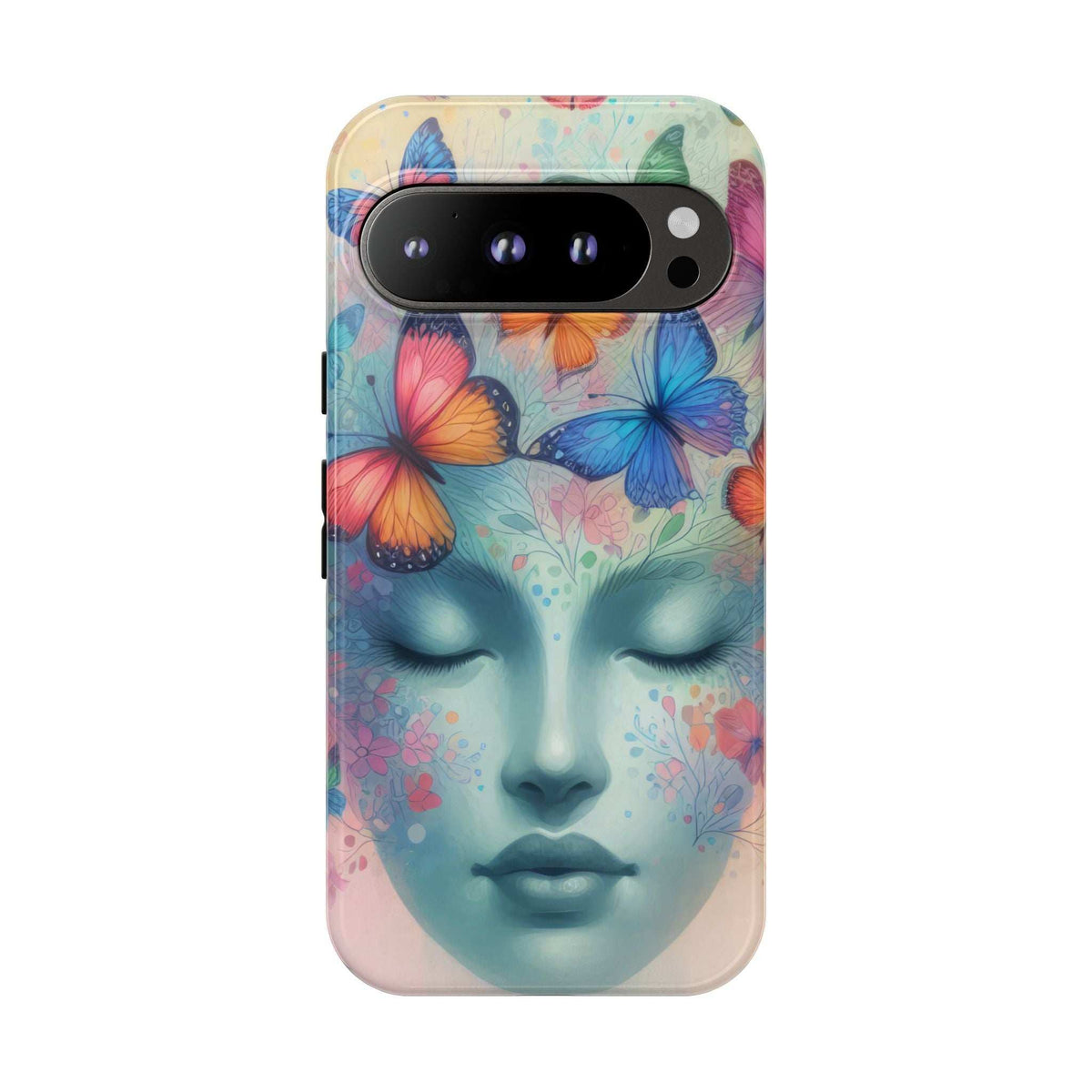 Butterfly face phone case with oval camera cutout, pastel blue face with multicolor butterflies