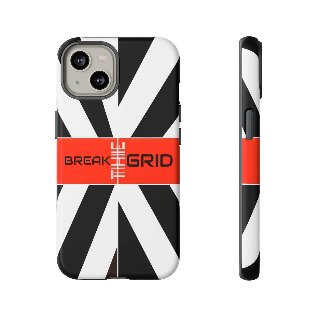 Phone case with black-and-white geometric stripes, red "Break Grid" band, front and side view.