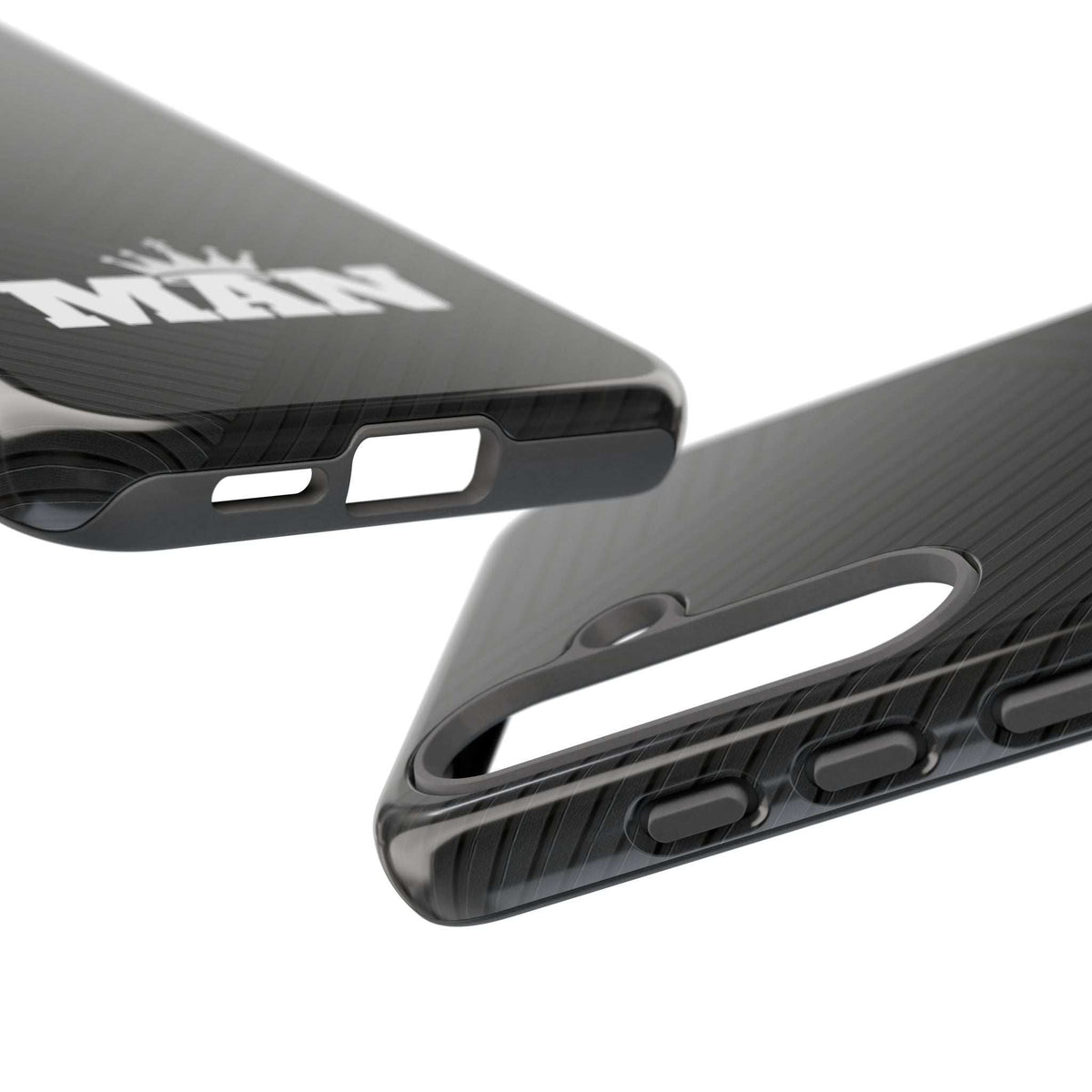 Black phone case edge view with cutouts and textured grip pattern