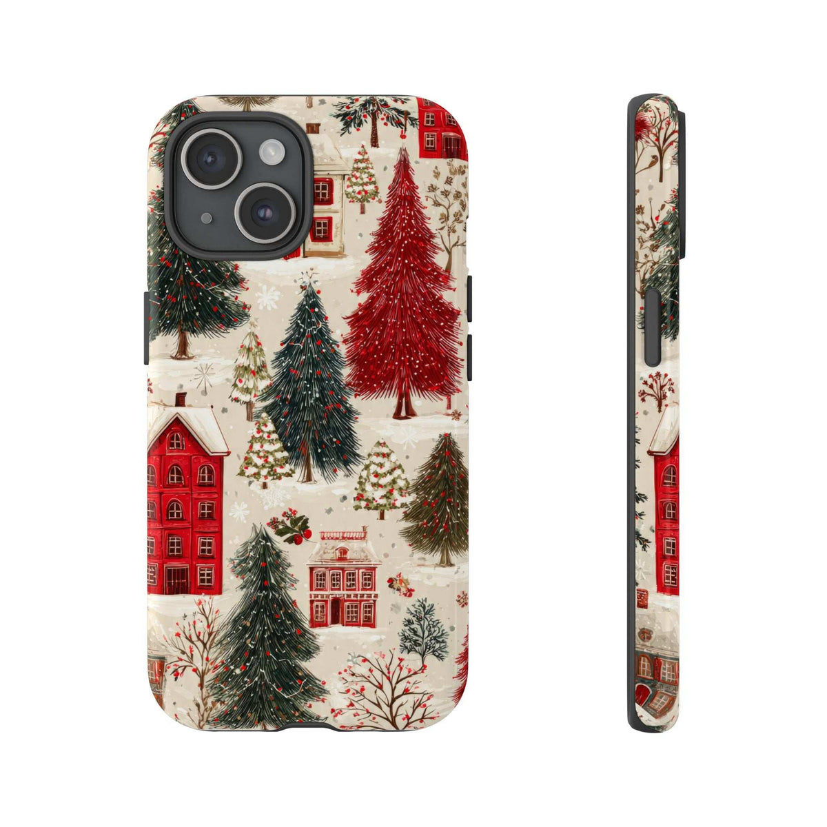 Winter village phone case with pine trees and red houses; triple-lens camera opening.