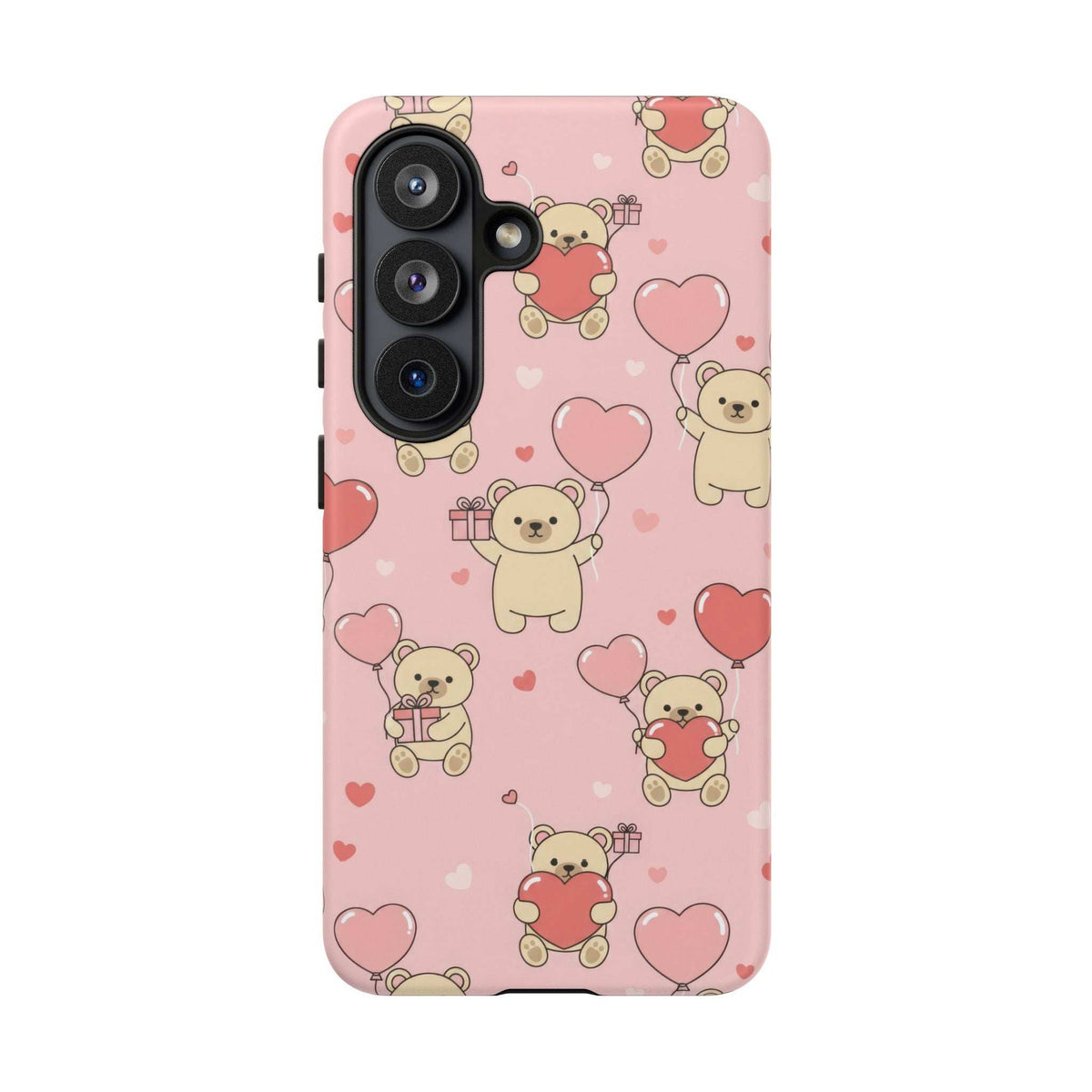 Pink phone case with teddy bears and hearts pattern, side edge and camera cutouts shown