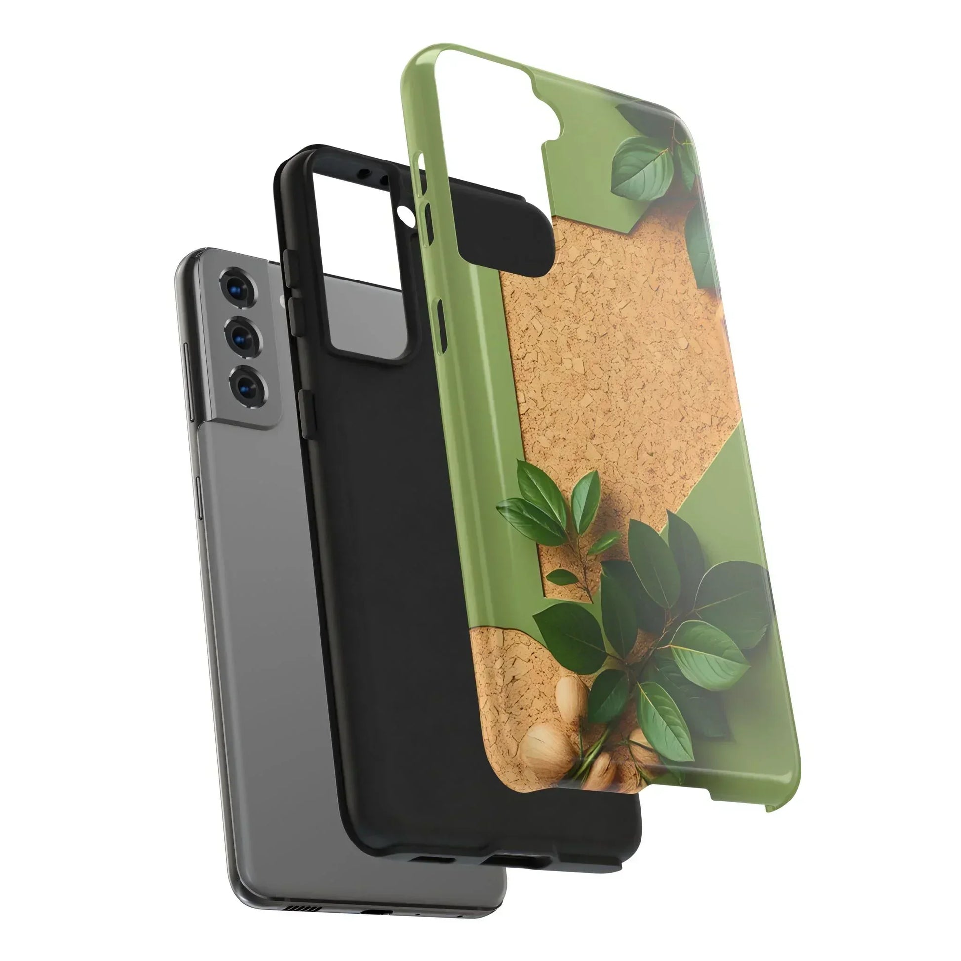 Eco-Inspired Tough Phone Case – Cork Texture with Leaf & Seed Design for iPhone 7-16 and Samsung Galaxy S21-S24 - KarArmDesign