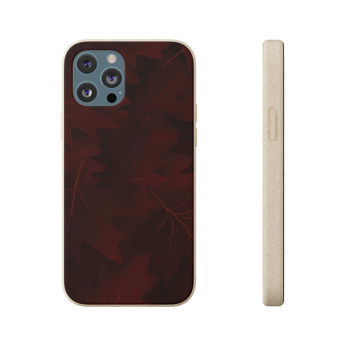 Dark leaf-pattern phone case back view showing camera lens cutouts