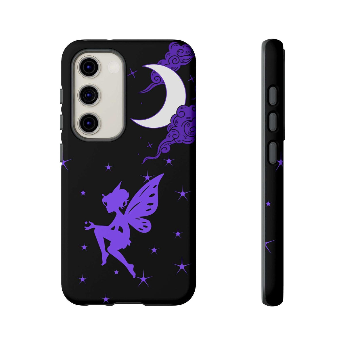Black phone case with purple fairy and moon graphic with star accents; side buttons visible