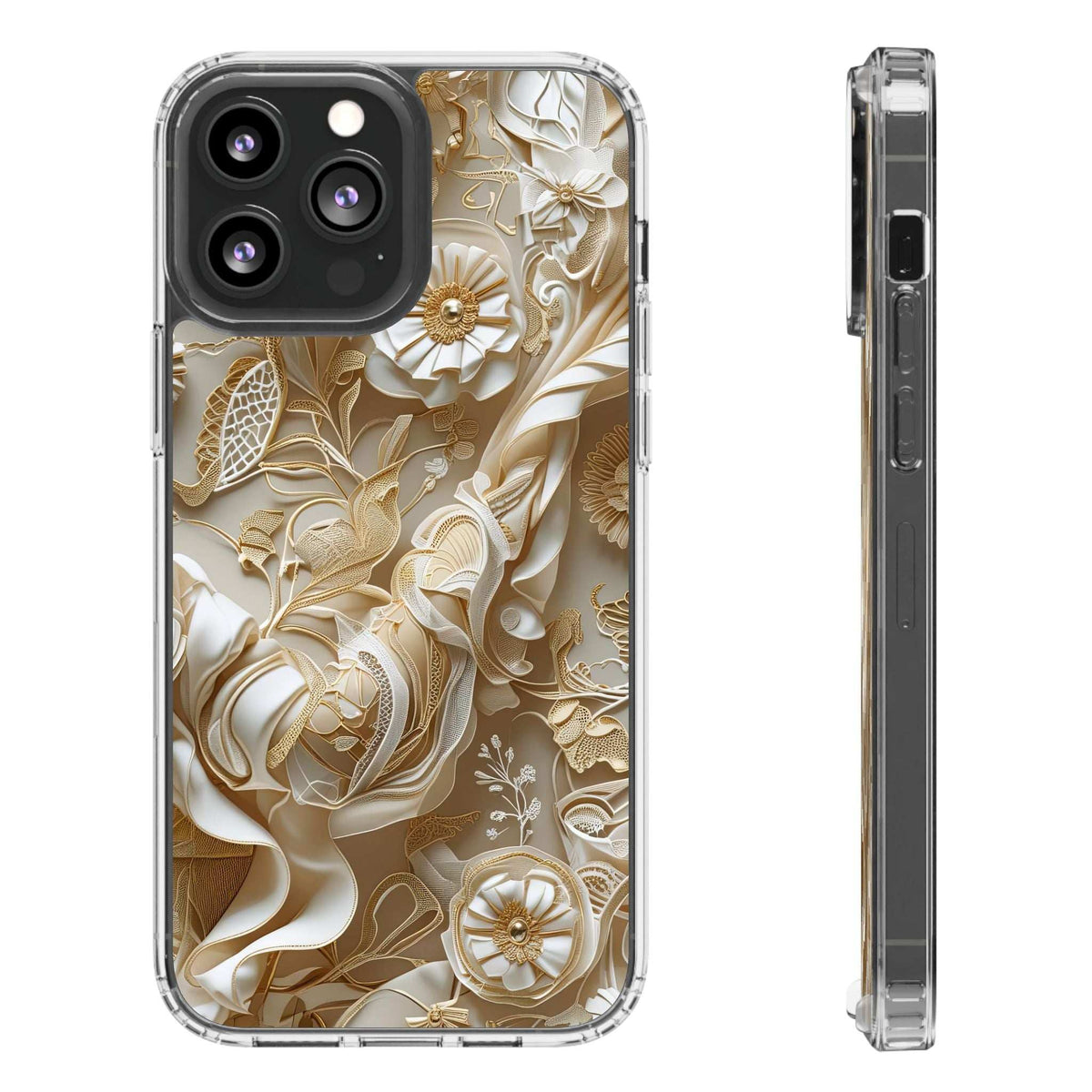 Clear phone case with gold floral pattern, back camera area and transparent side