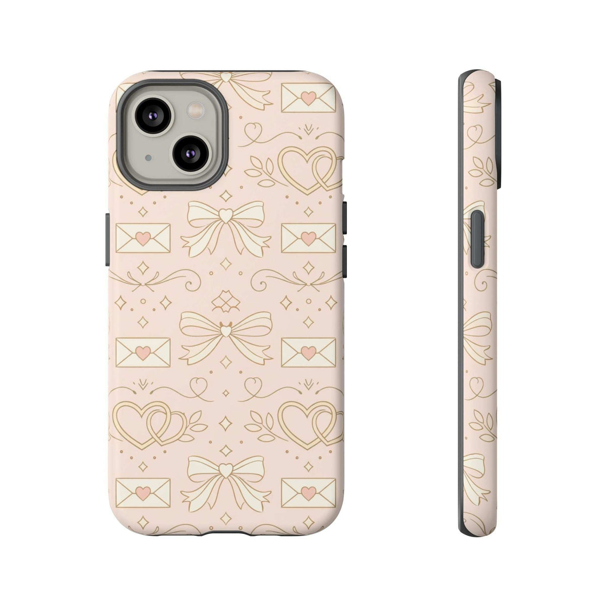 Blush pink tough phone case with heart and bow motif; camera opening cutouts and side edge.