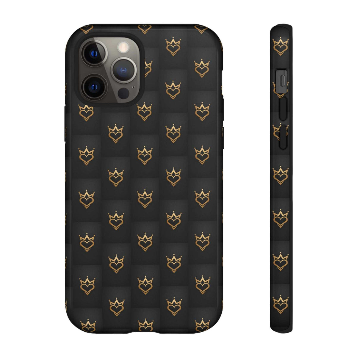 Glossy black phone case with gold crown-and-heart doodle pattern, camera cutouts