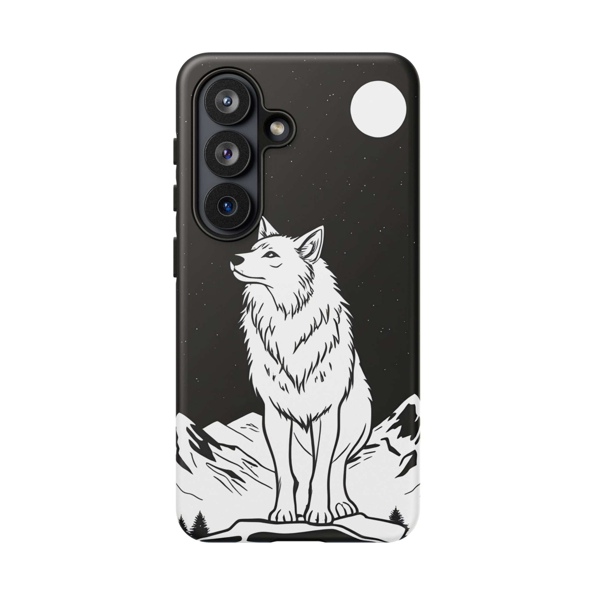 Black phone case featuring a white wolf illustration with starry speckle background