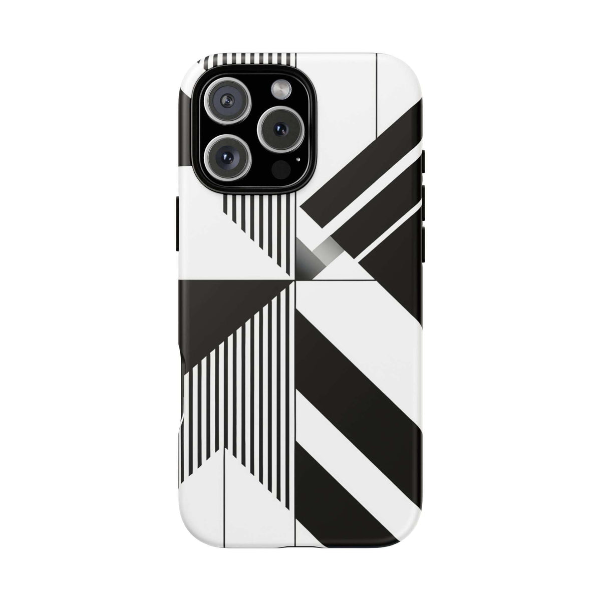Tough phone case with monochrome geometric stripes and protective lens cutout panel
