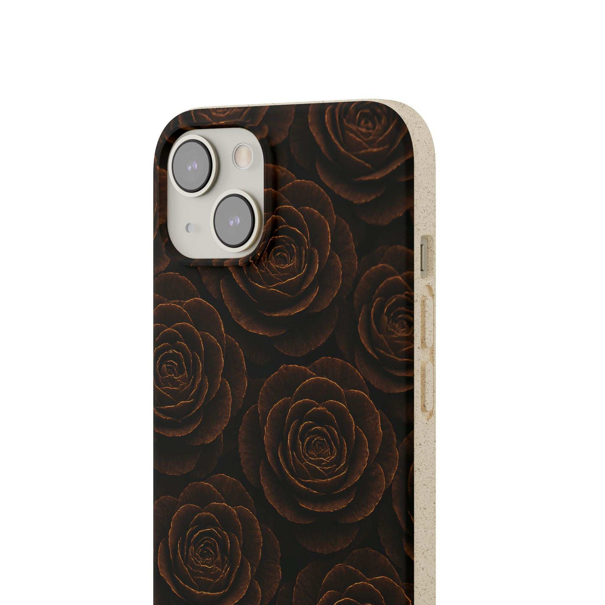 Phone case with dark rose pattern, close-up camera cutouts