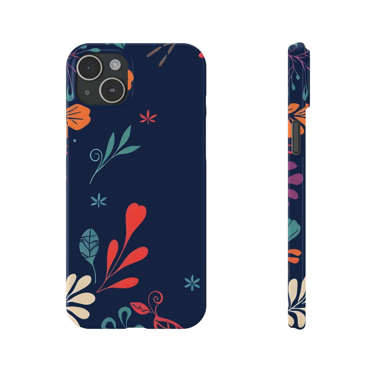 Dark navy phone case with colorful botanicals and bird motif; slim side profile