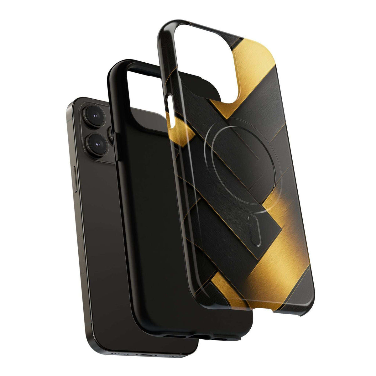 Glossy phone case with black back and gold geometric pattern, angled view with camera cutouts