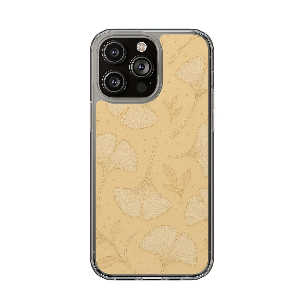 Beige ginkgo floral phone case with clear edges and raised camera bump cutout