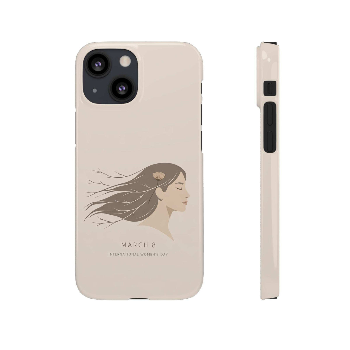 Beige phone case with woman profile and hair illustration, camera cutout and side view