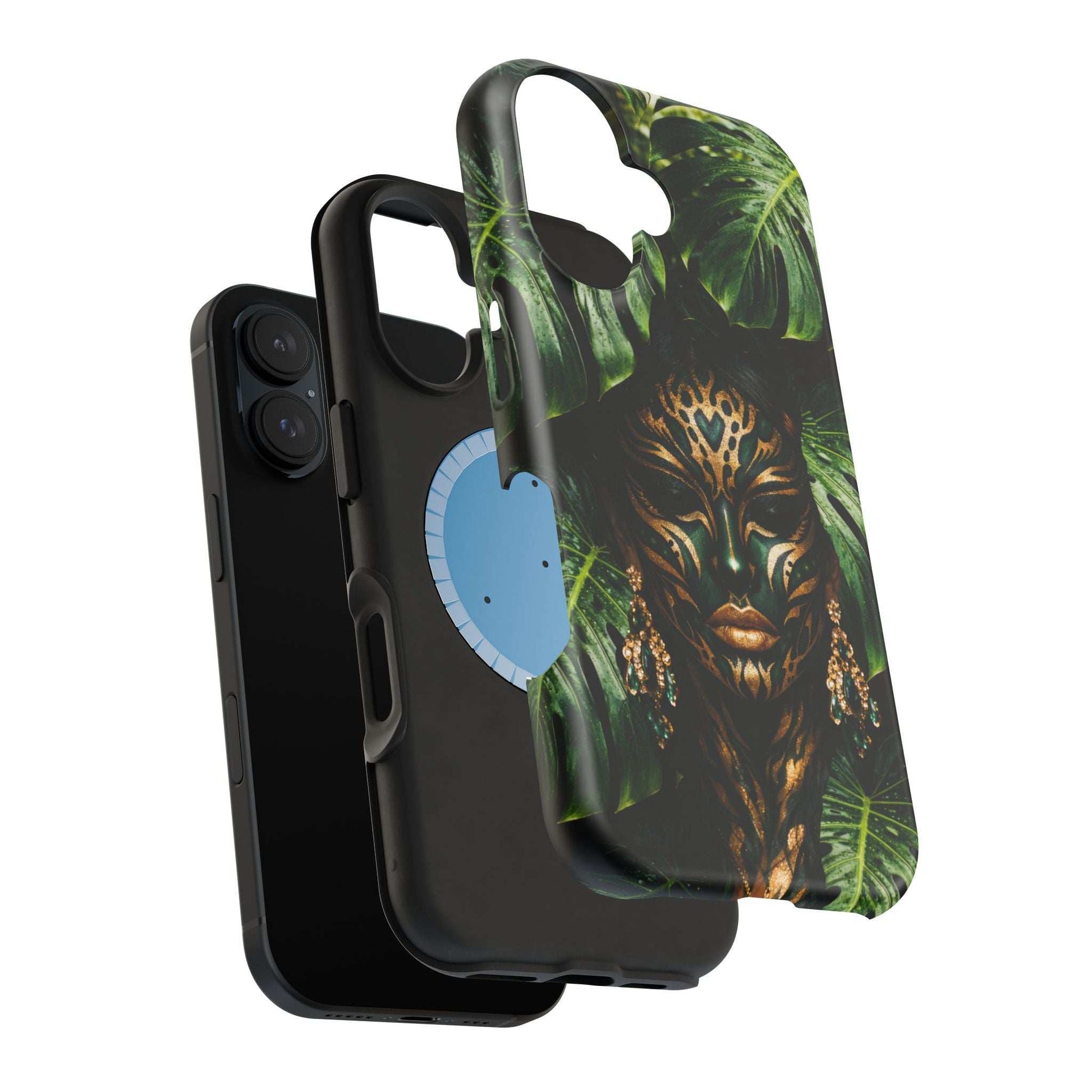 Phone case back panel close-up: jungle lion face in warm tones with green leaf accents