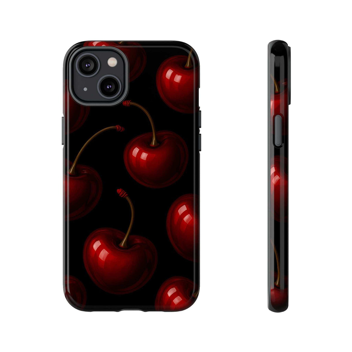 Glossy phone case with red cherries on black, front view with camera cutouts and buttons