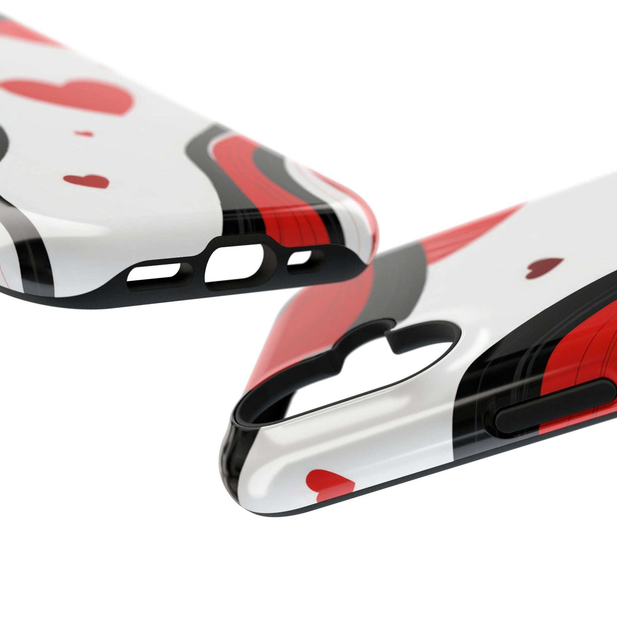 Phone case bottom edge with port openings; red and black swirl hearts on white