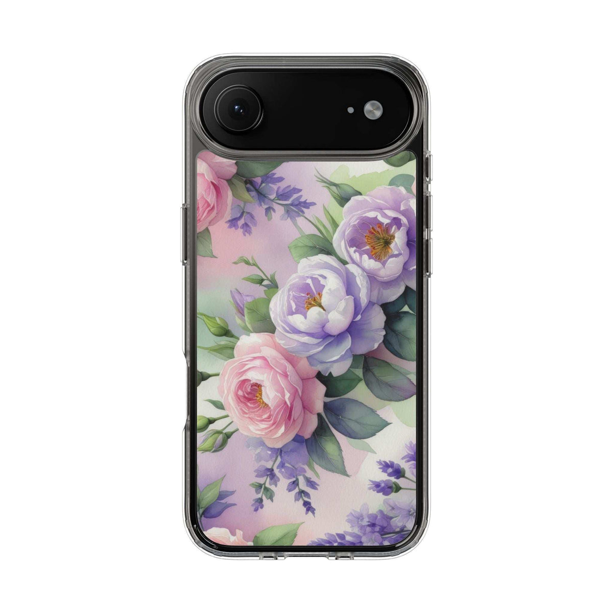 Clear floral phone case with black top camera area and pastel flower artwork