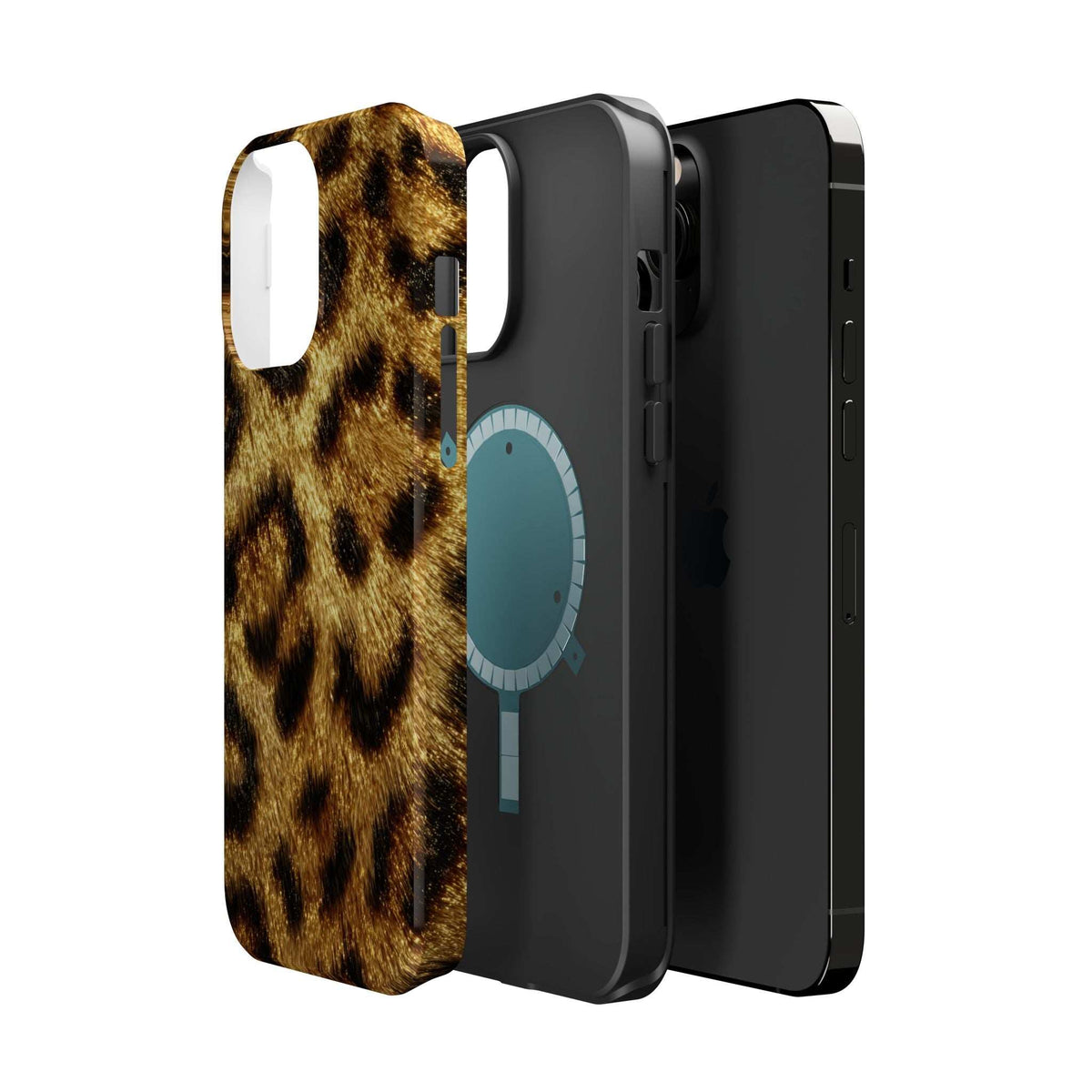 Leopard print glossy phone case stacked angle, tan and dark leopard pattern on back.