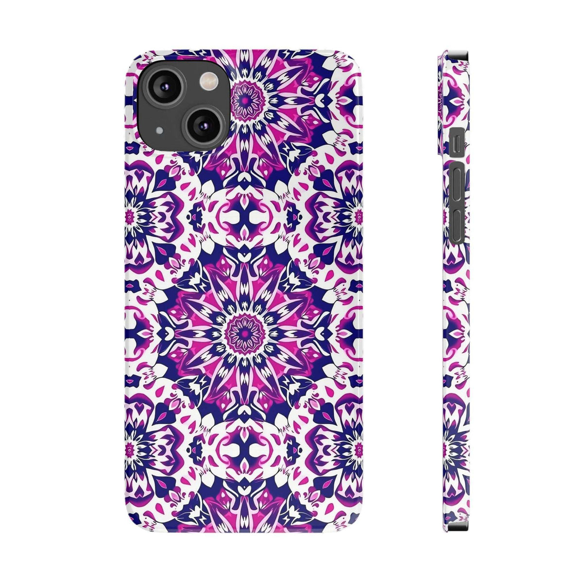 Purple and white mandala phone case with front pattern and side profile, slim design