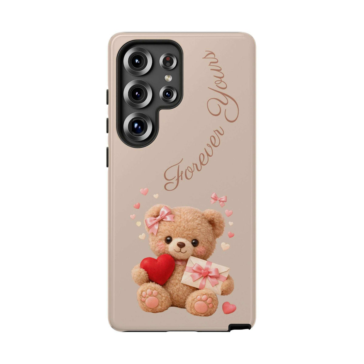 Beige phone case with teddy bear, red heart, pink bow gift, and camera cutouts